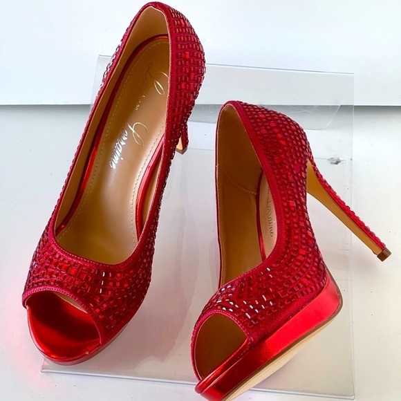 NEW! $100 Lauren Lorraine Red Heels Rhinestone Formal Dress Heels Sexy Sz 8.5M - Picture 11 of 14